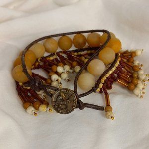 Woven Bracelet w/Yellow Jade Beads, Brown, Ecru Beads on Brown Leather, Button